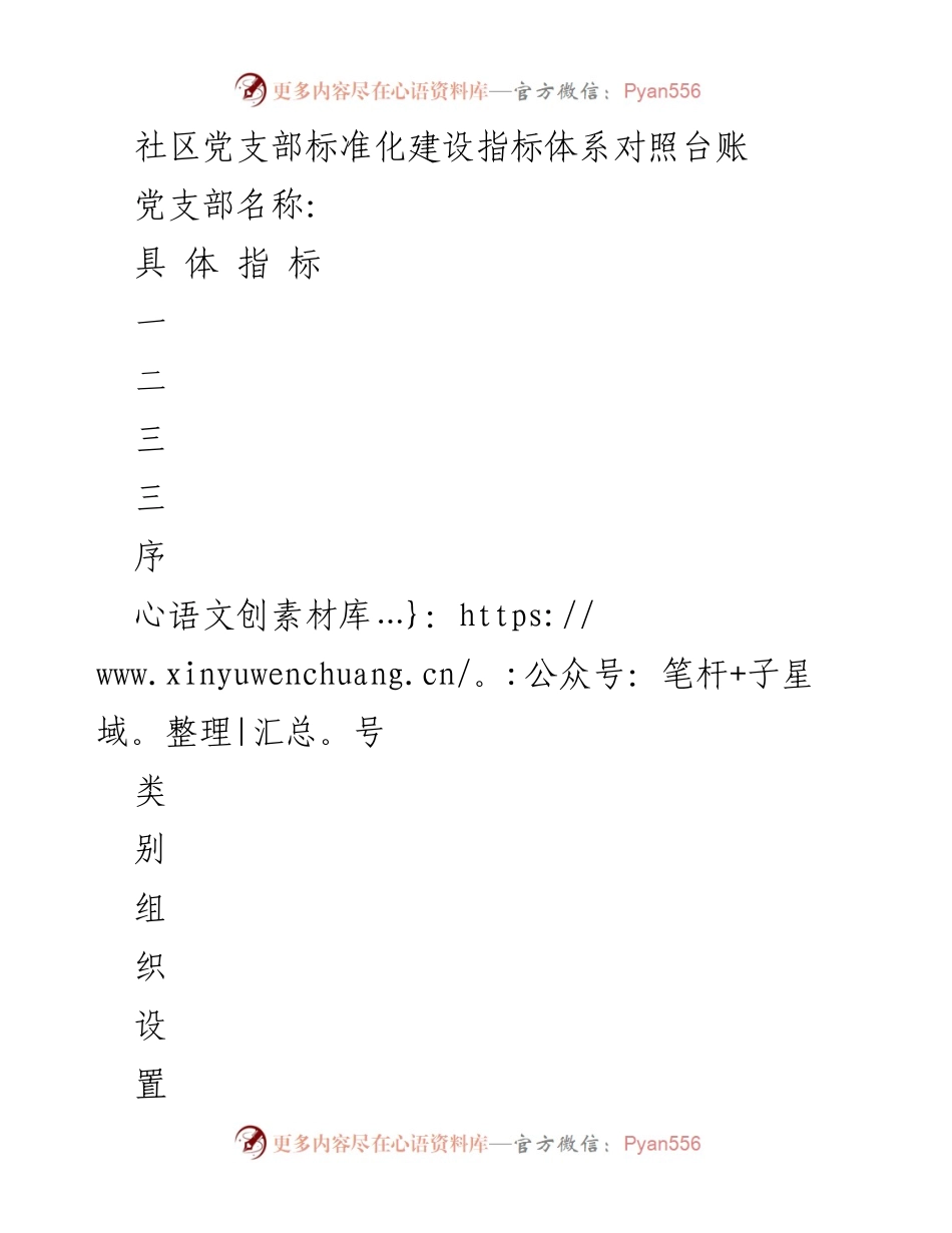 [工作总结] 社区党建 - 社区党支部标准化建设指标体系对照台账.docx_第1页