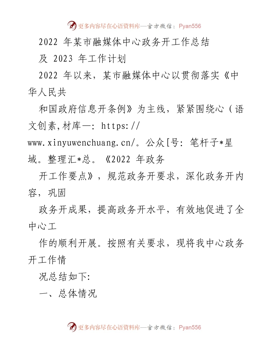 [工作总结] 某市融媒体中心 - 2022年政务公开工作总结及2023年工作计划.docx_第1页