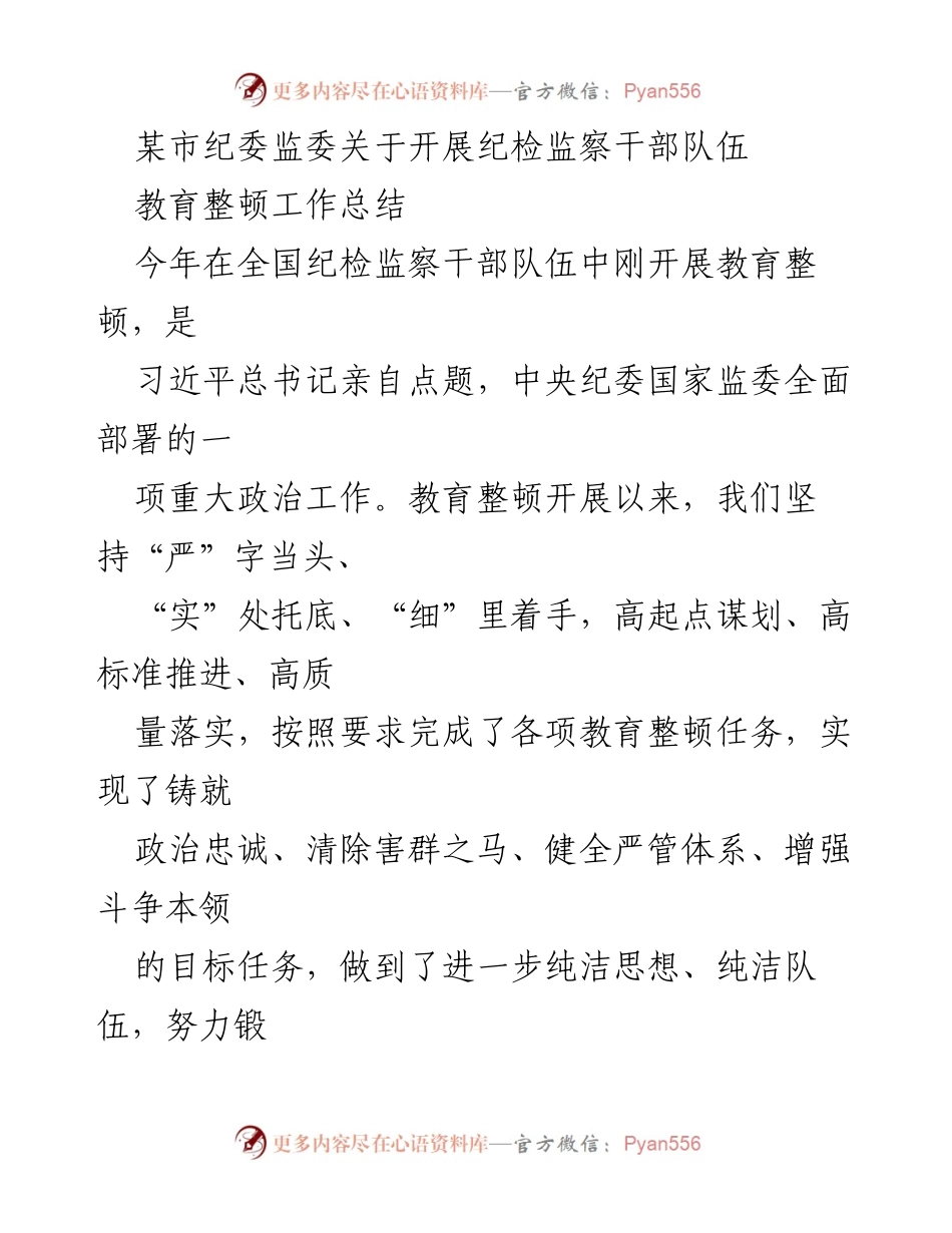 [工作总结] 纪检监察干部教育整顿 - 某市纪委监委教育整顿工作总结报告.docx_第1页