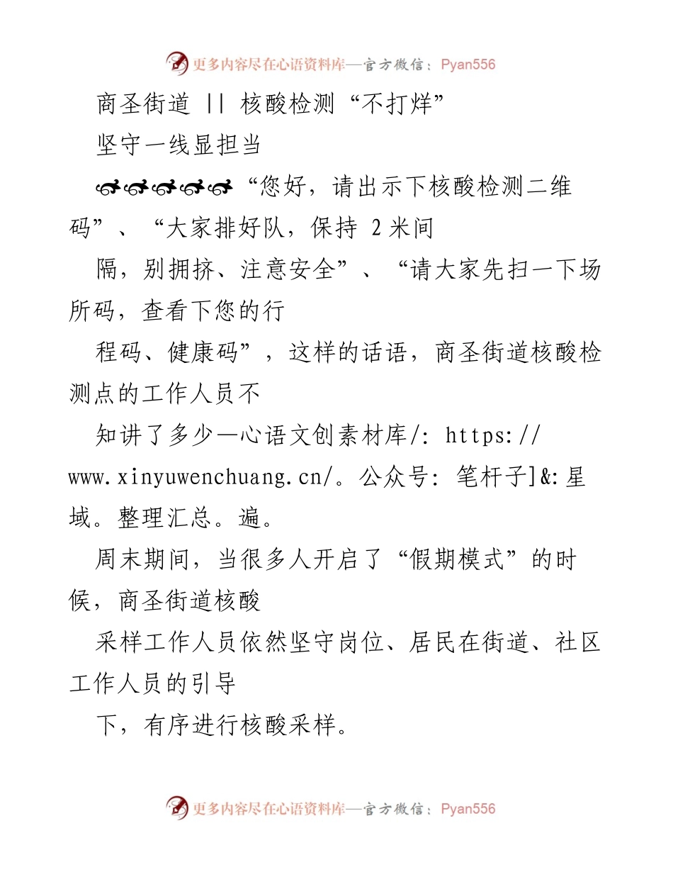 [工作总结] 核酸检测工作 - 商圣街道核酸检测工作总结：坚守一线，服务居民.docx_第1页