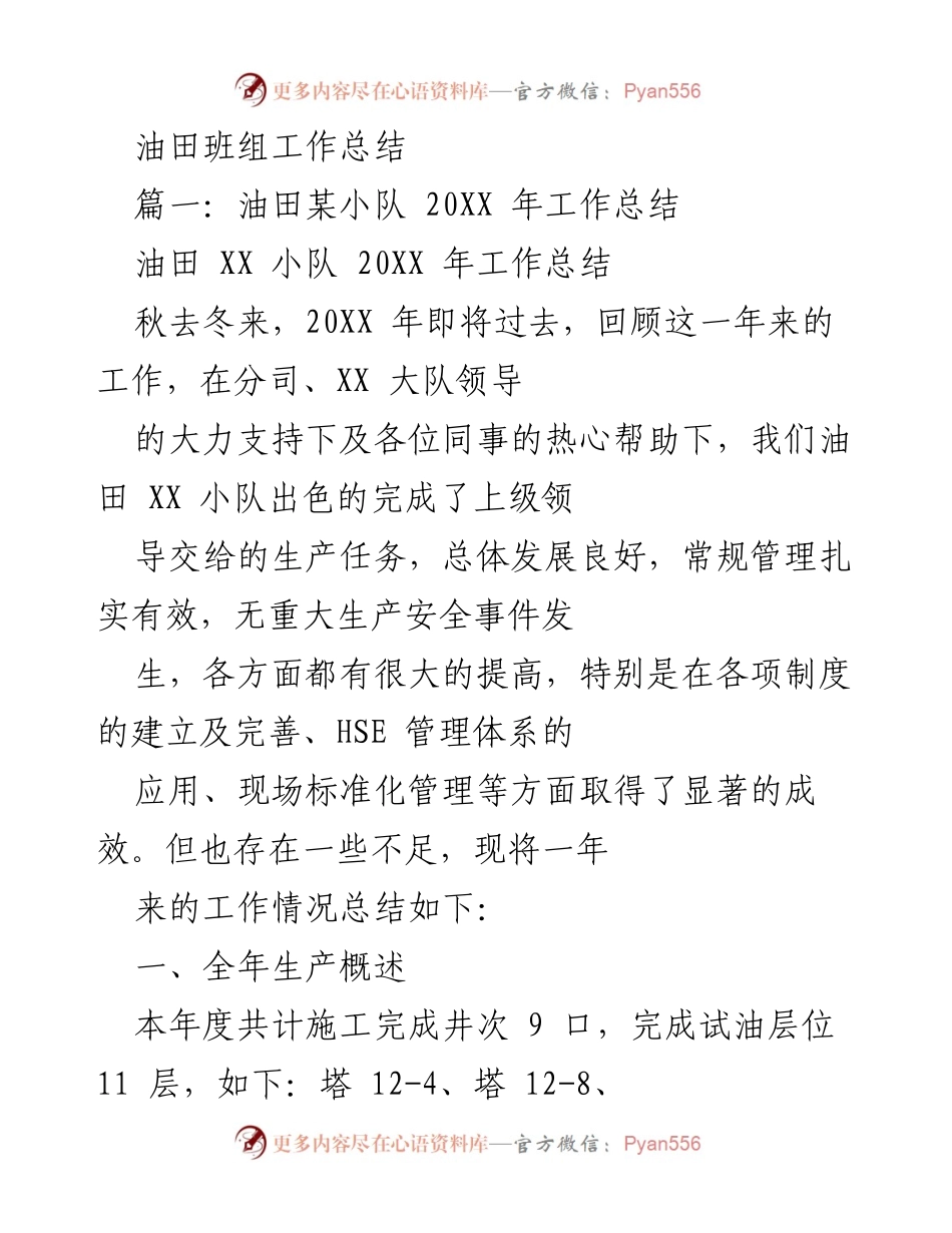 [工作总结] 油田班组 - 20XX年油田XX小队工作总结及成就分析.docx_第1页