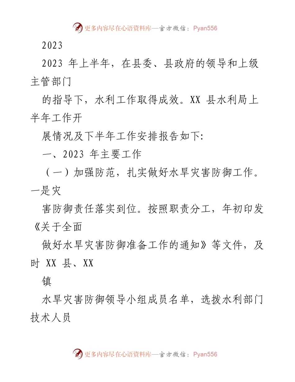 [工作总结] 水利工作 - 2023年上半年XX县水利局工作总结及下半年计划.docx_第1页
