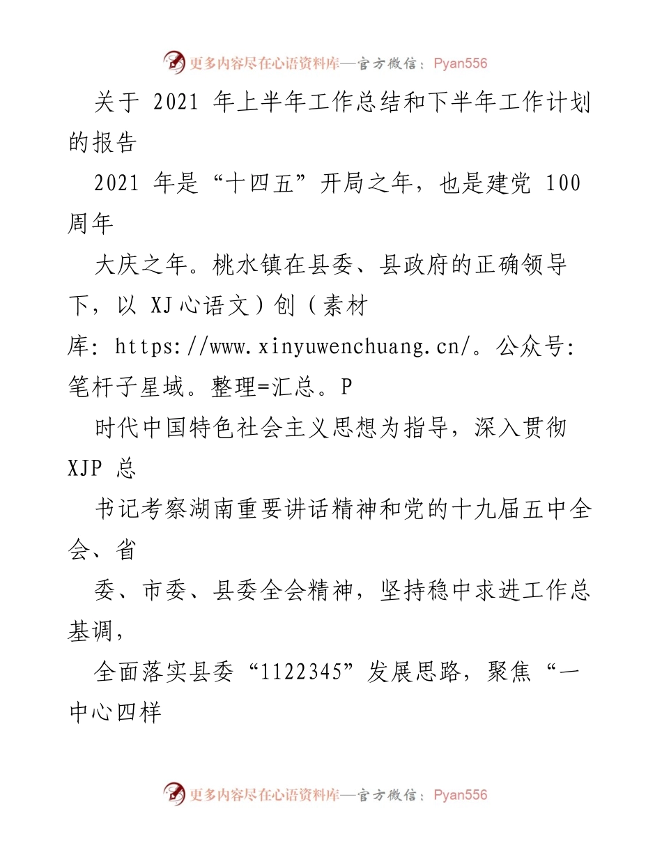 [工作总结] 桃水镇 - 2021年上半年工作总结与下半年工作计划报告_1.docx_第1页