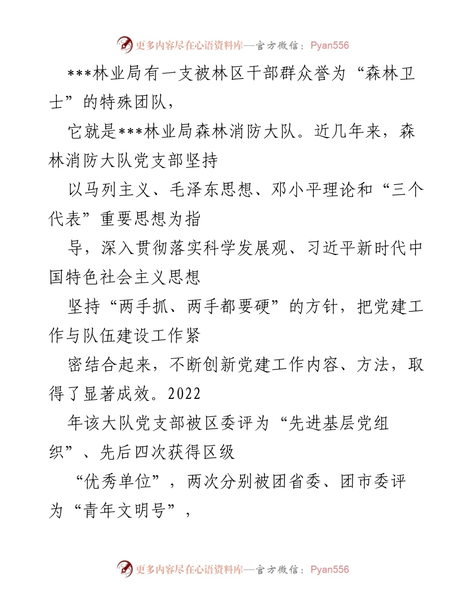 [工作总结] 林业局森林消防大队 - “森林卫士”的党建与队伍建设成效.docx_第1页