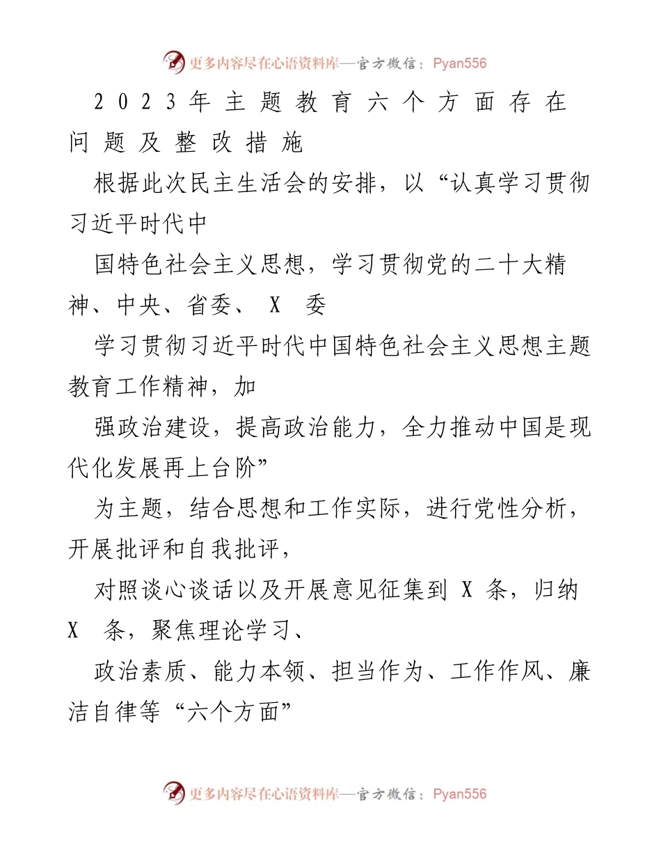[工作总结] 民主生活会 - 2023年主题教育问题及整改措施总结.docx_第1页