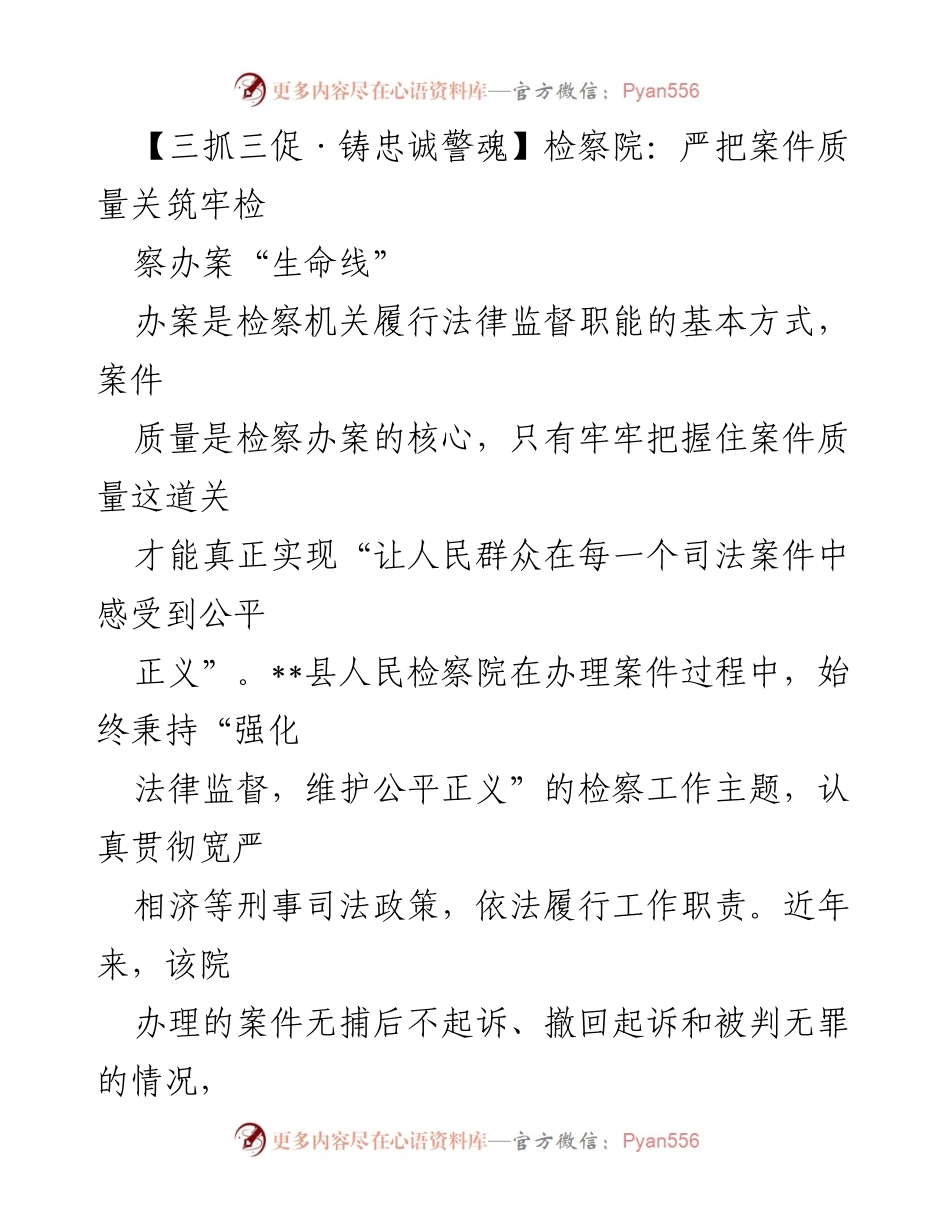 [工作总结] 检察院 - 提升案件质量，筑牢检察办案“生命线”.docx_第1页