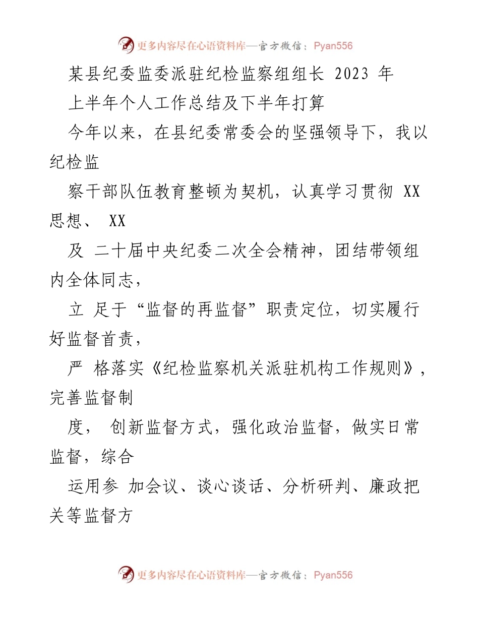 [工作总结] 纪检监察 - 某县纪委监委派驻组长2023年上半年工作总结及下半年计划.docx_第1页