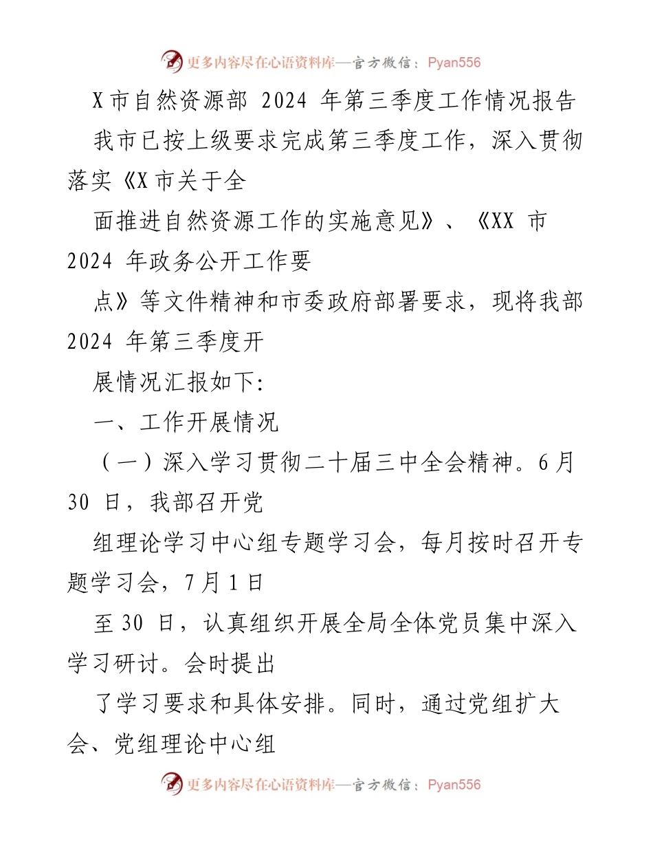[工作总结] 第三季度工作情况 - X市自然资源部2024年第三季度工作情况报告.docx_第1页