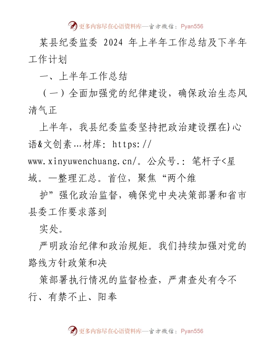 [工作总结] 纪委监委 - 2024年上半年工作总结与下半年工作计划_1.docx_第1页