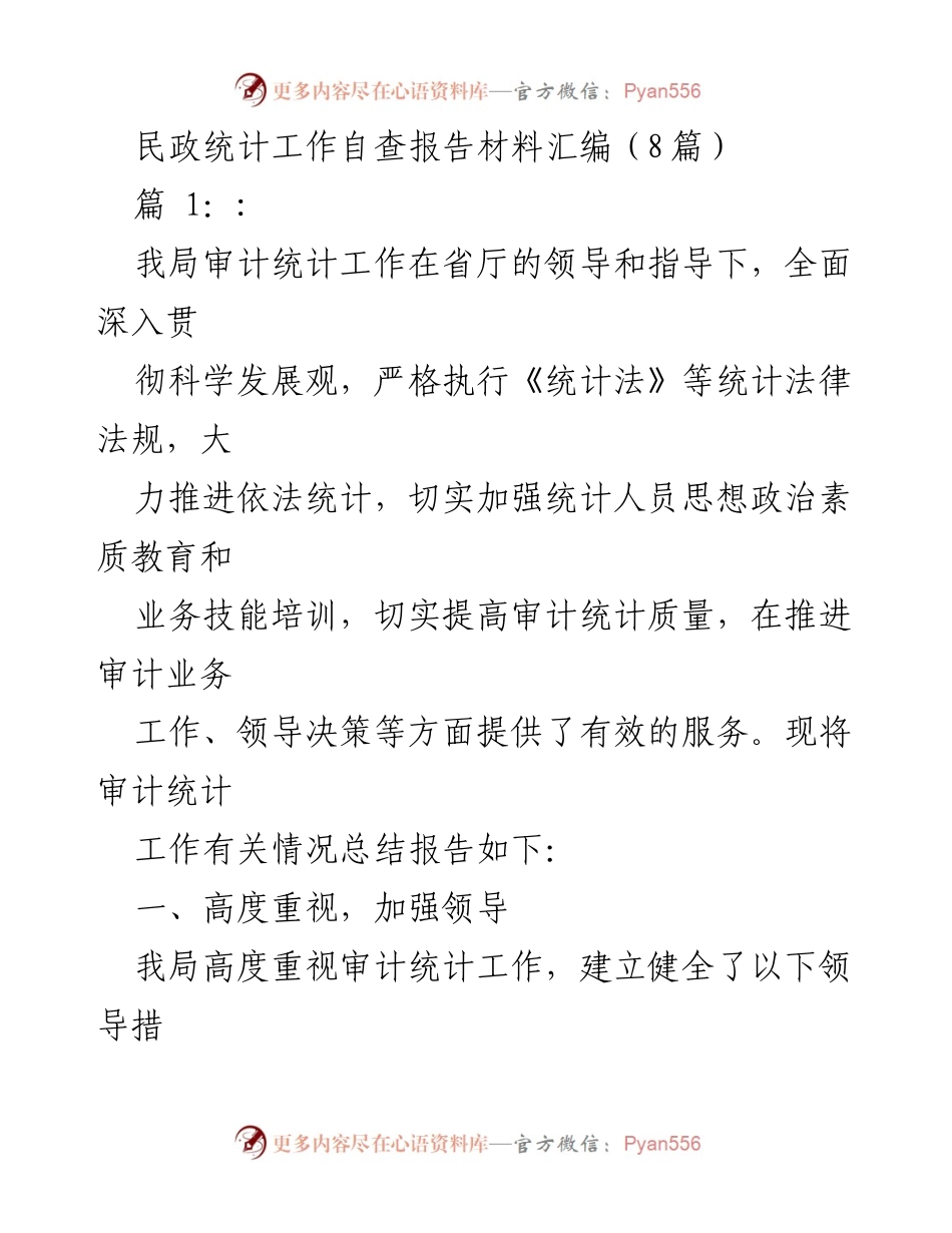 [工作总结] 民政统计工作自查 - 民政审计统计工作自查报告汇编.docx_第1页
