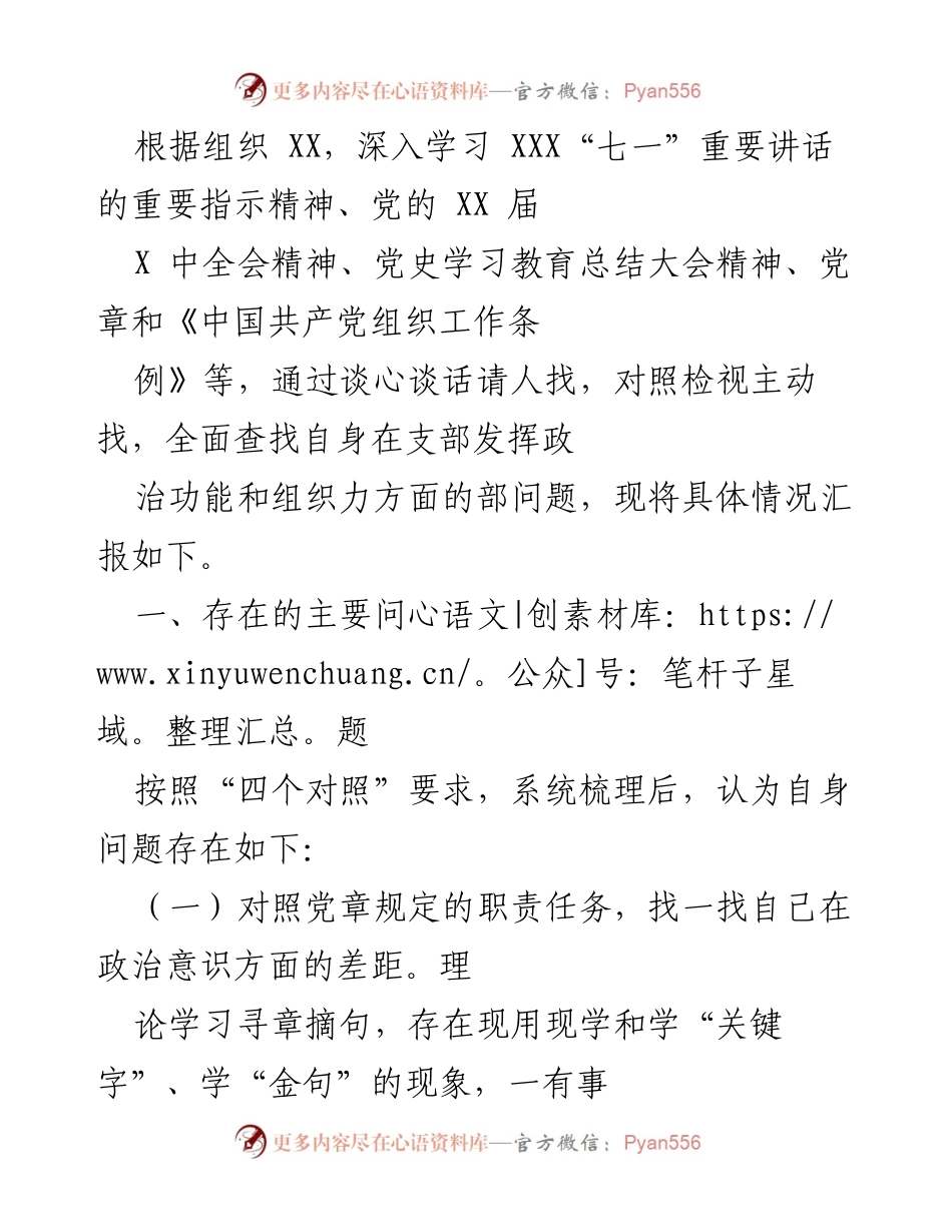 [工作总结] 组织学习 - 深入检视支部政治功能与组织力问题的工作总结.docx_第1页