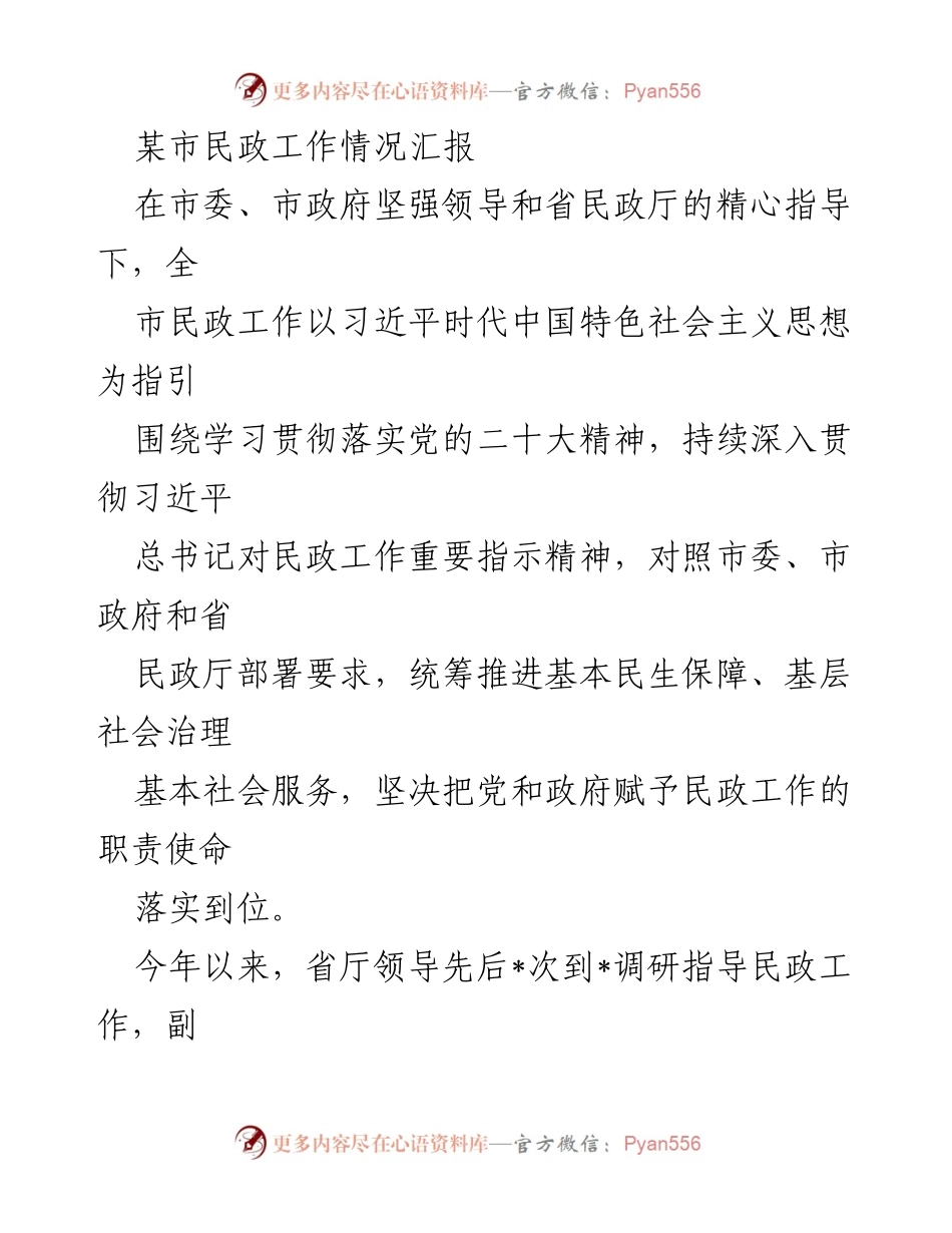 [工作总结] 民政工作汇报 - 某市民政工作情况汇报及考核进展分析.docx_第1页