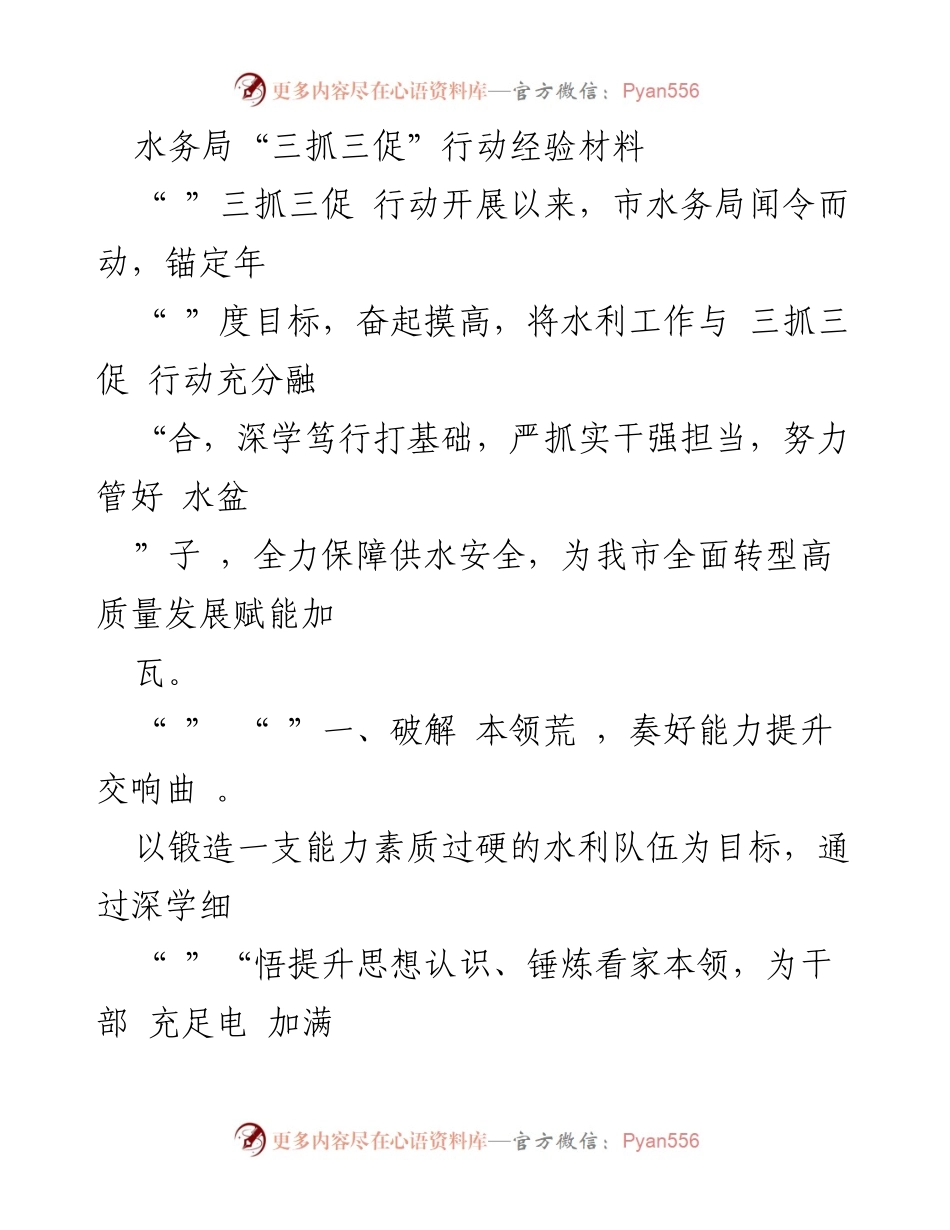 [工作总结] 水务局 - 水务局“三抓三促”行动经验总结与实施成效.docx_第1页