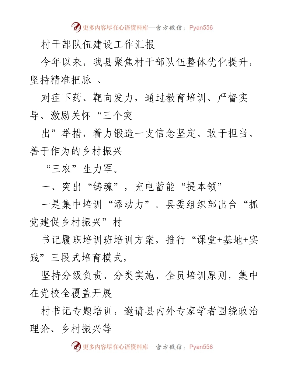 [工作总结] 村干部队伍建设 - 村干部队伍建设工作汇报与提升措施.docx_第1页