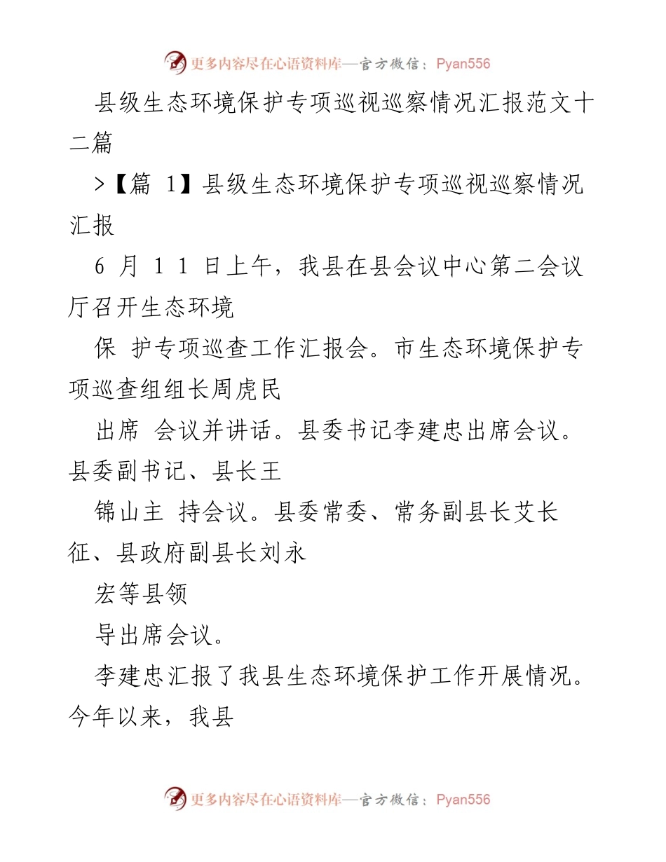 [工作总结] 生态环境保护专项巡视 - 县级生态环境保护专项巡视巡察情况汇报.docx_第1页