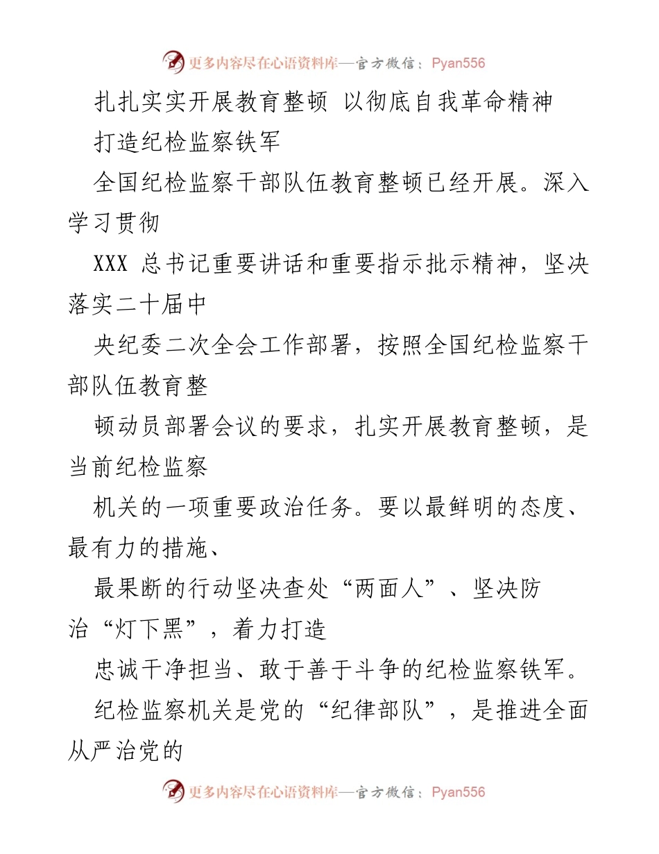 [工作总结] 纪检监察干部队伍教育整顿 - 扎实推进纪检监察干部队伍教育整顿，打造忠诚干净担当的铁军.docx_第1页