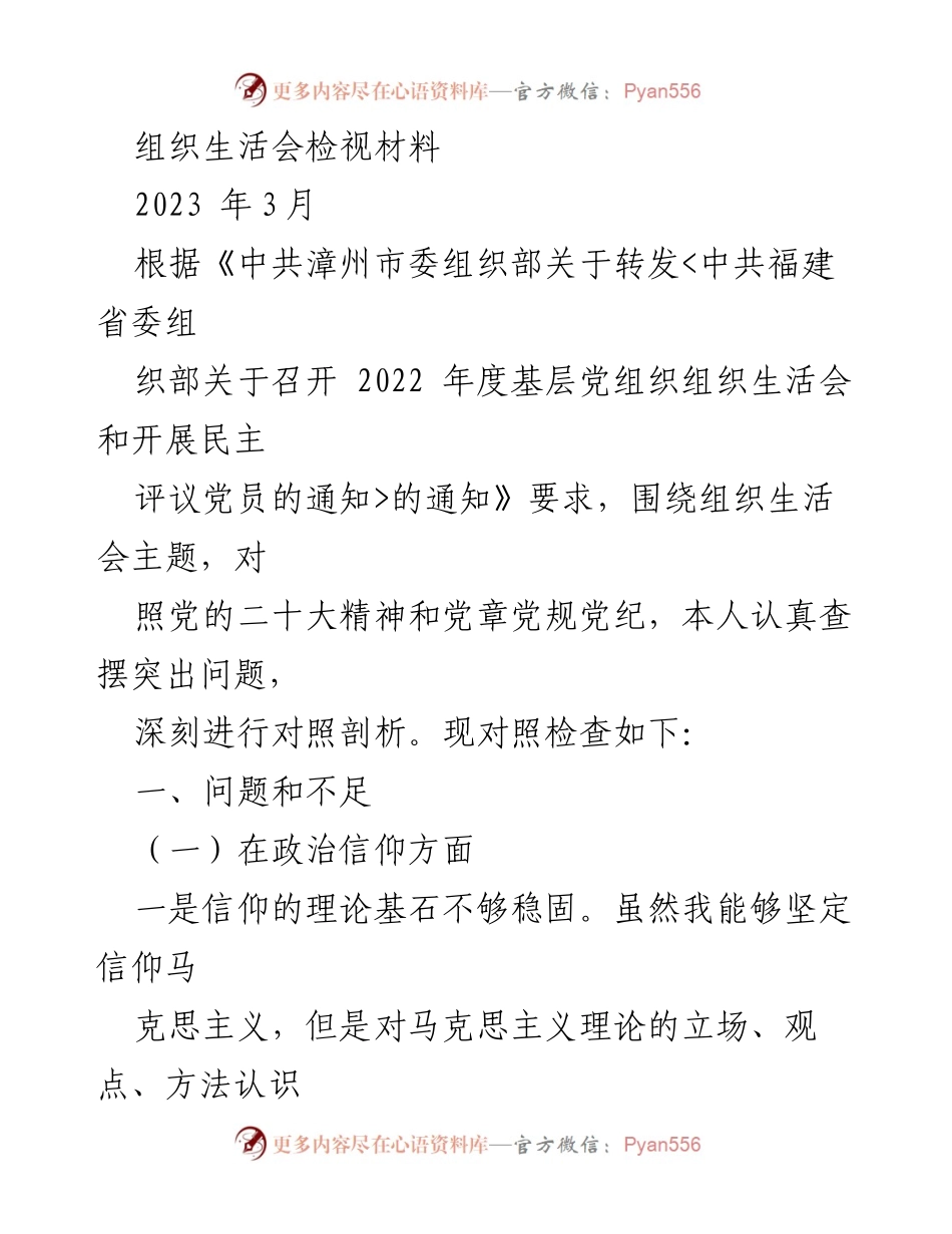 [工作总结] 组织生活会 - 2022年度组织生活会问题检视与反思.docx_第1页