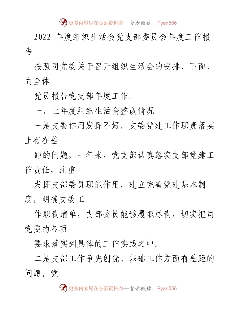 [工作总结] 组织生活会 - 2022年度党支部工作总结报告.docx_第1页
