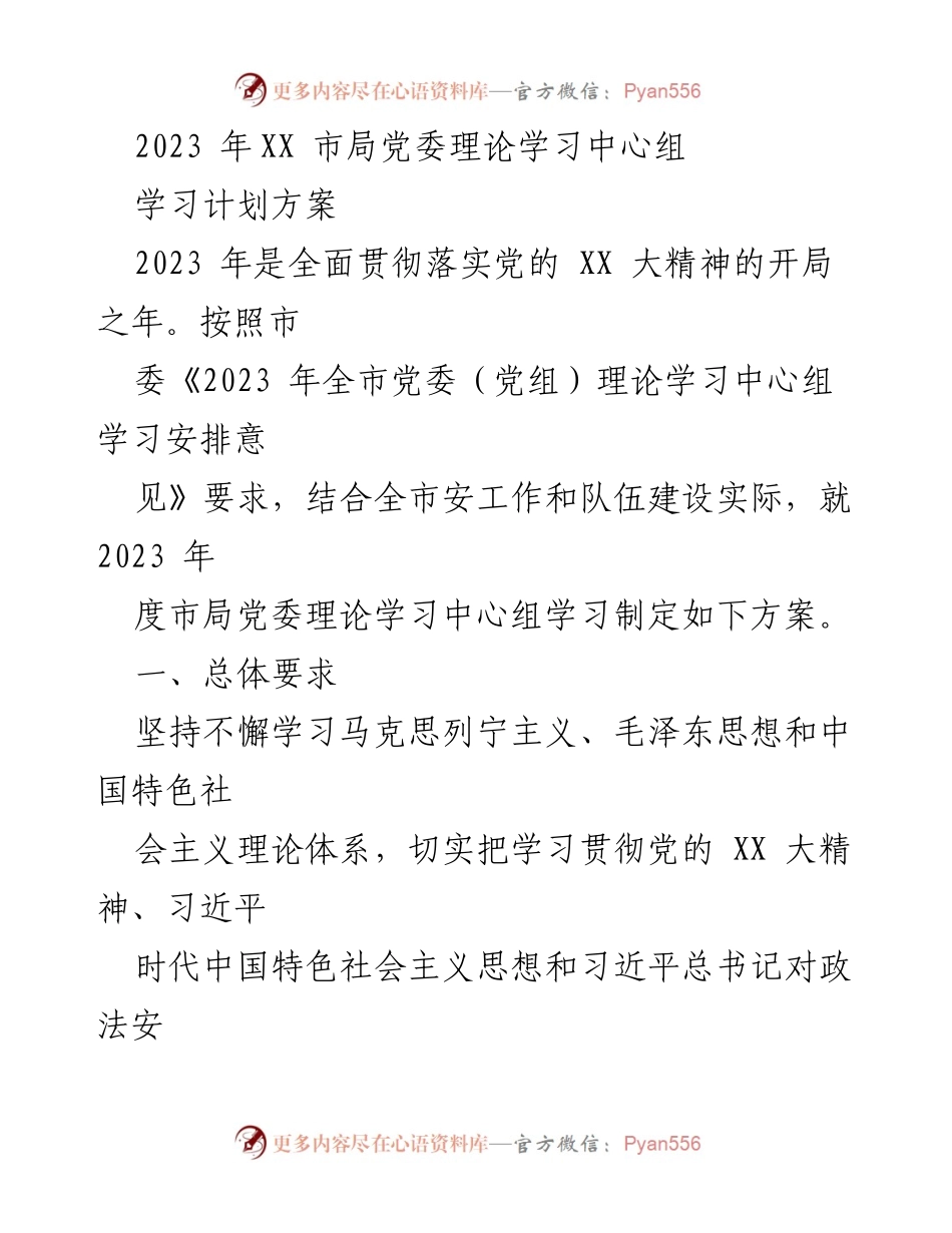 [工作总结] 理论学习 - 2023年XX市局党委理论学习中心组学习计划方案.docx_第1页