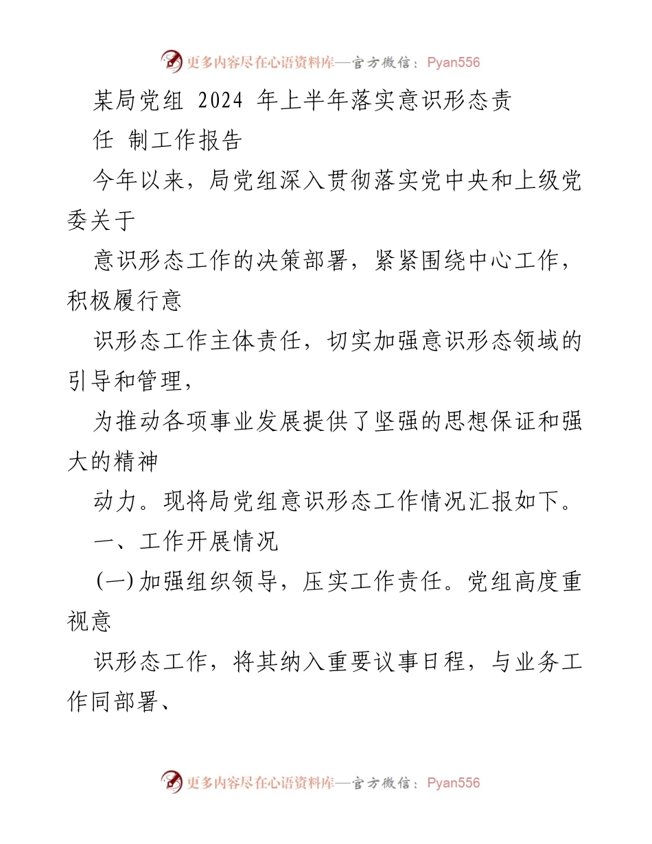 [工作总结] 某局党组 - 2024年上半年意识形态责任制工作落实情况报告.docx_第1页