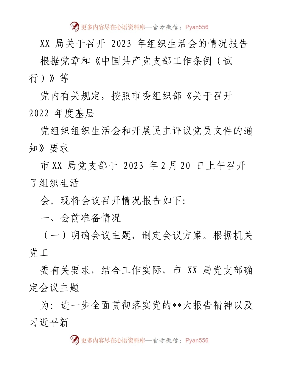 [工作总结] 组织生活会 - 2023年市XX局组织生活会召开情况报告.docx_第1页