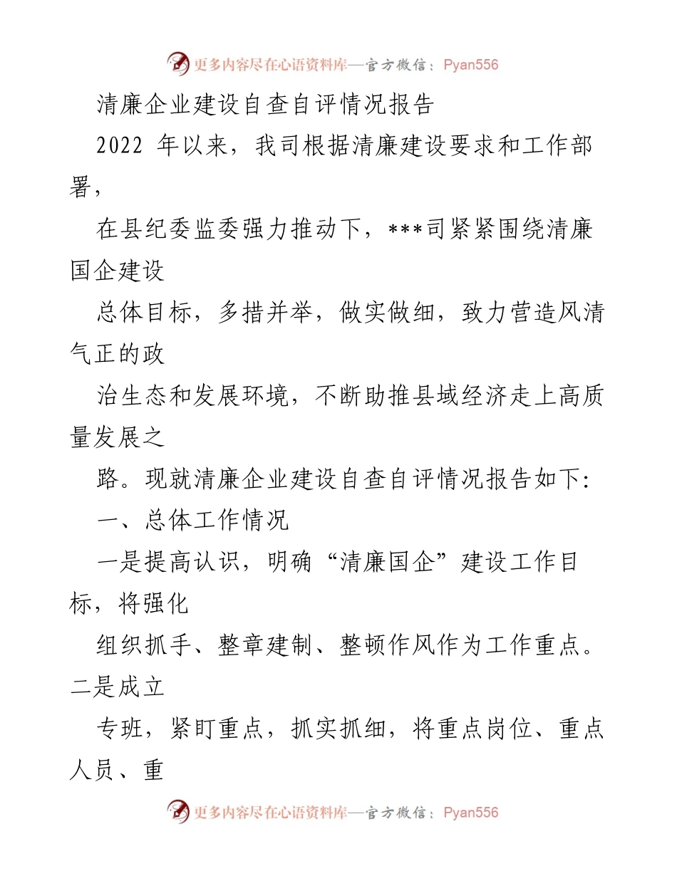 [工作总结] 清廉企业建设 - 清廉企业建设自查自评情况报告.docx_第1页