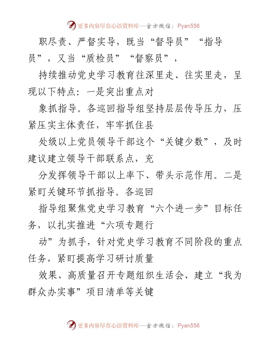 [工作总结] 省委党史学习教育巡回指导工作会议 - 提升党史学习教育质量的巡回指导工作总结.docx_第2页