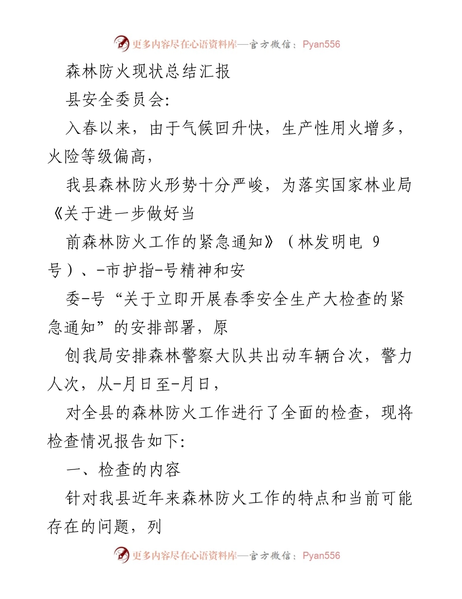[工作总结] 森林防火工作 - 森林防火现状与检查总结报告.docx_第1页
