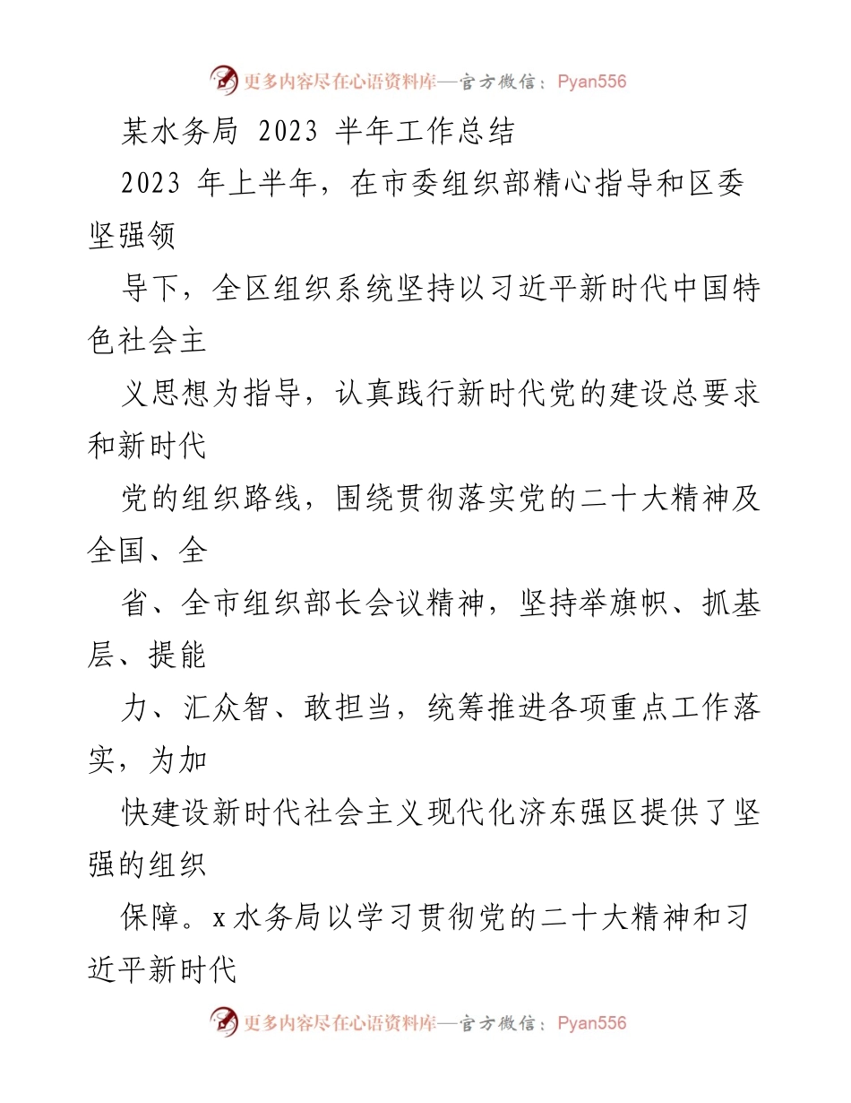 [工作总结] 水务局 - 2023年上半年水务局党建工作总结与发展报告.docx_第1页