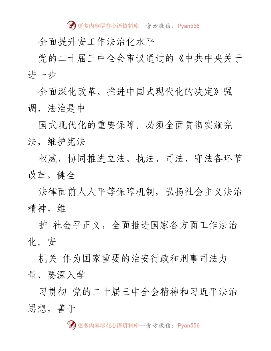 [工作总结] 法治建设 - 全面提升安工作法治化水平与政治引领能力.docx_第1页