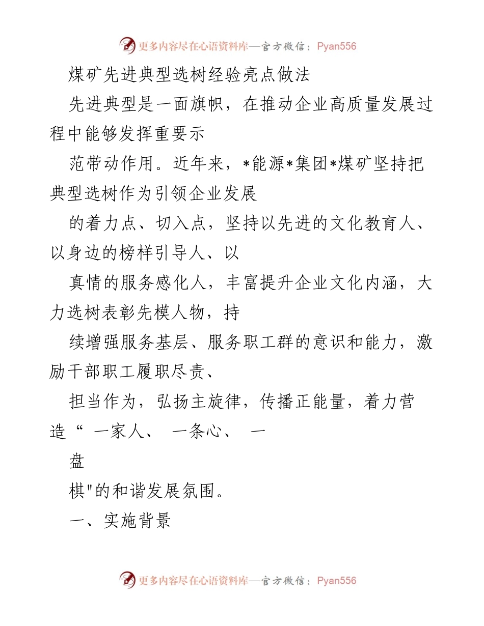 [工作总结] 煤矿企业 - 煤矿先进典型选树经验与做法总结.docx_第1页