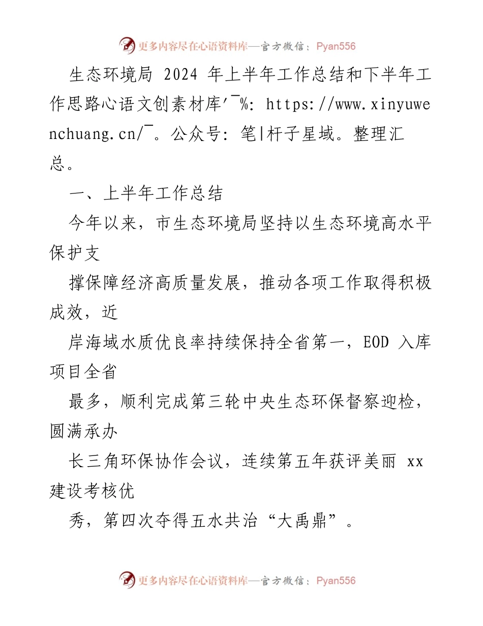 [工作总结] 生态环境局 - 2024年上半年工作总结与下半年工作思路分析.docx_第1页