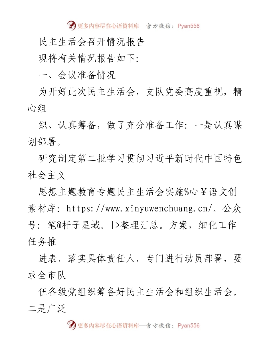 [工作总结] 民主生活会 - 民主生活会召开情况及准备工作总结.docx_第1页