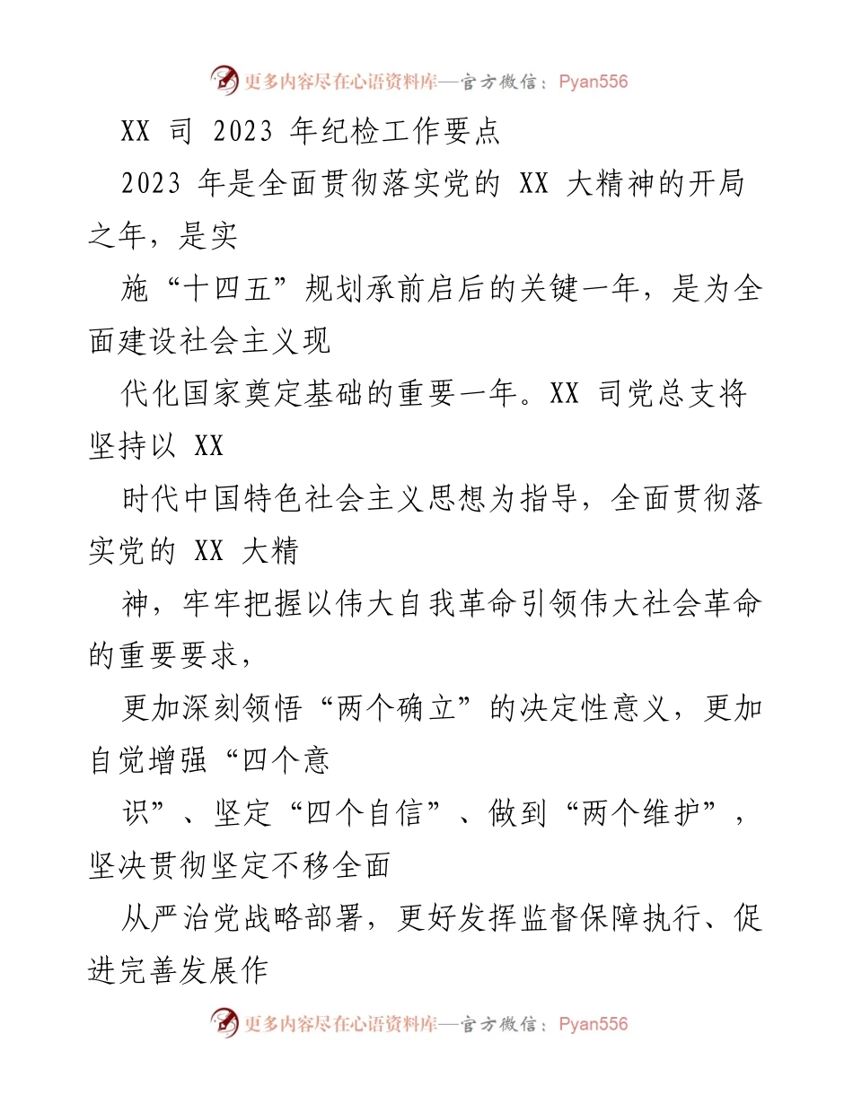 [工作总结] 纪检工作会议 - 2023年XX司纪检工作要点及落实措施.docx_第1页