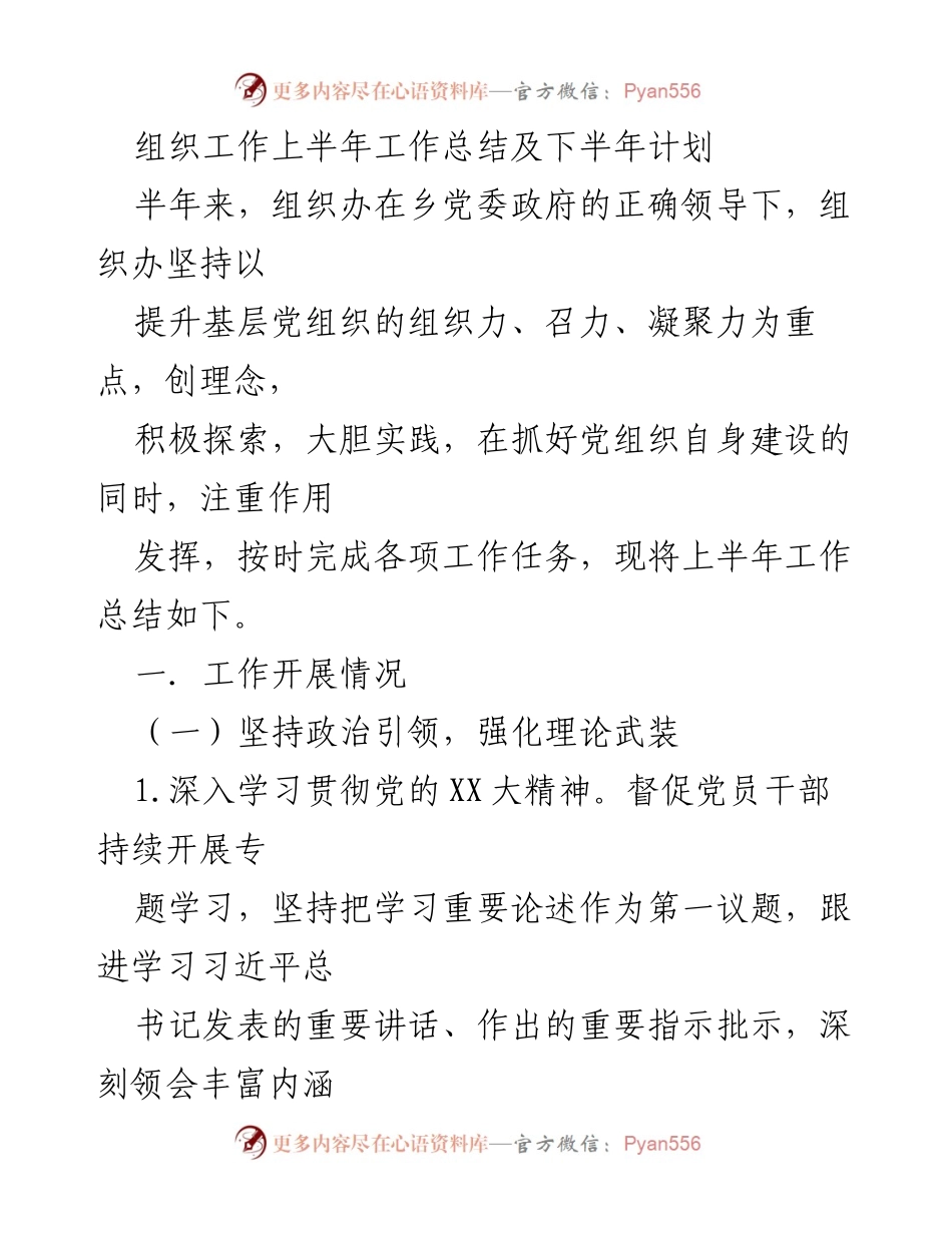 [工作总结] 组织工作 - 上半年组织工作总结及下半年计划.docx_第1页