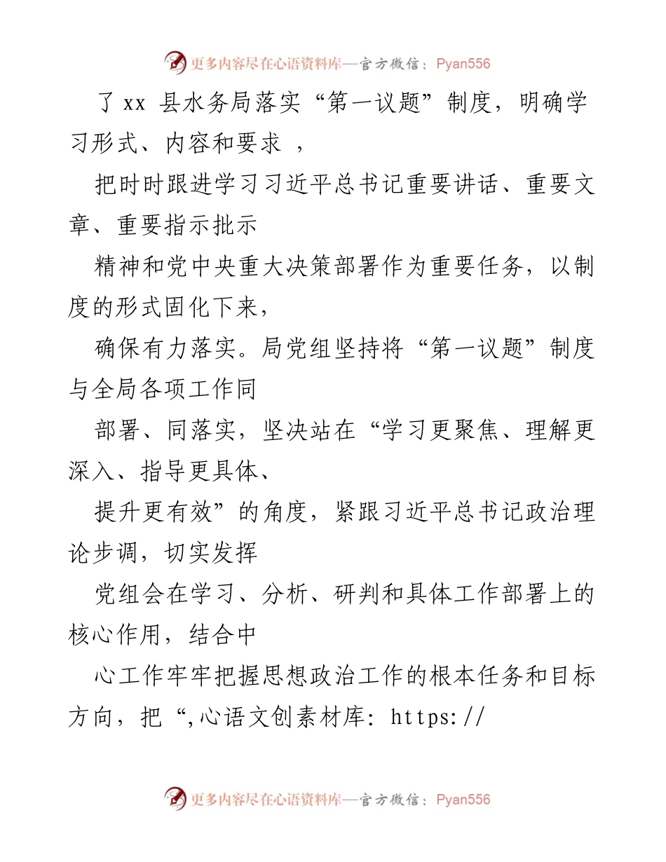 [工作总结] 水务局党组 - 落实“第一议题”制度情况报告.docx_第2页