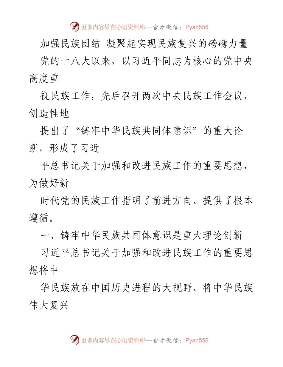 [工作总结] 民族工作会议 - 加强民族团结，铸牢中华民族共同体意识的重要性.docx_第1页
