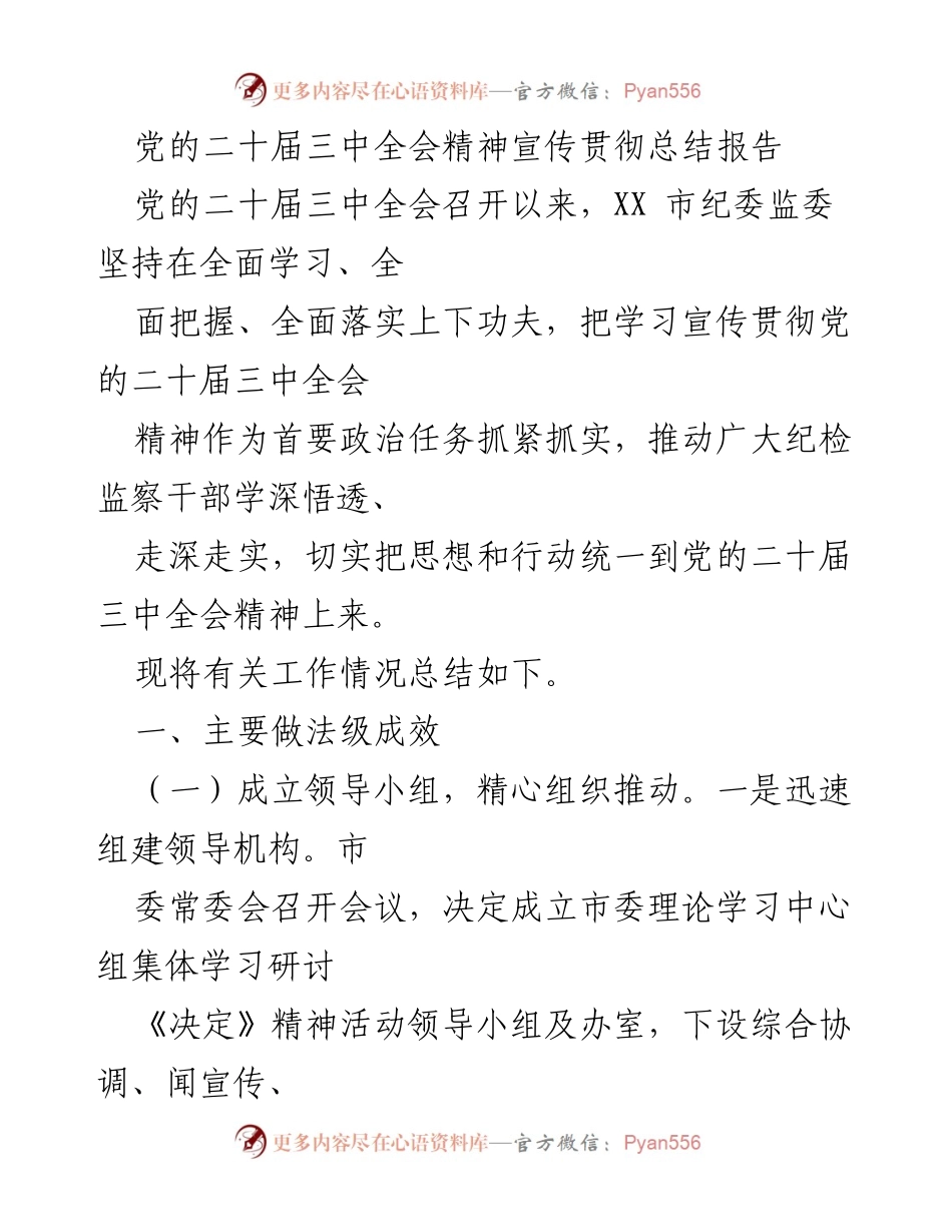 [工作总结] 纪检监察工作 - 党的二十届三中全会精神宣传贯彻工作总结报告.docx_第1页