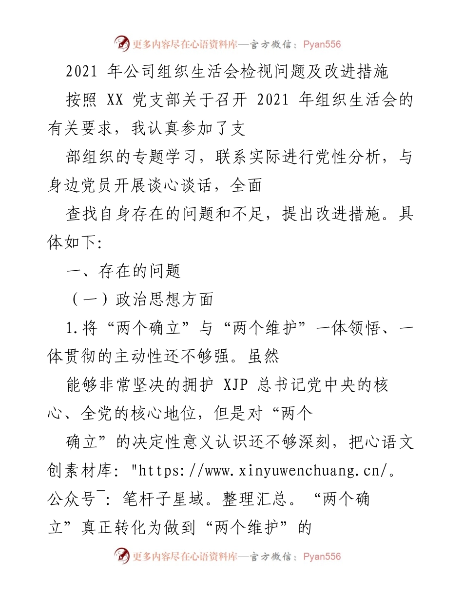 [工作总结] 组织生活会 - 2021年组织生活会问题检视与改进措施总结.docx_第1页