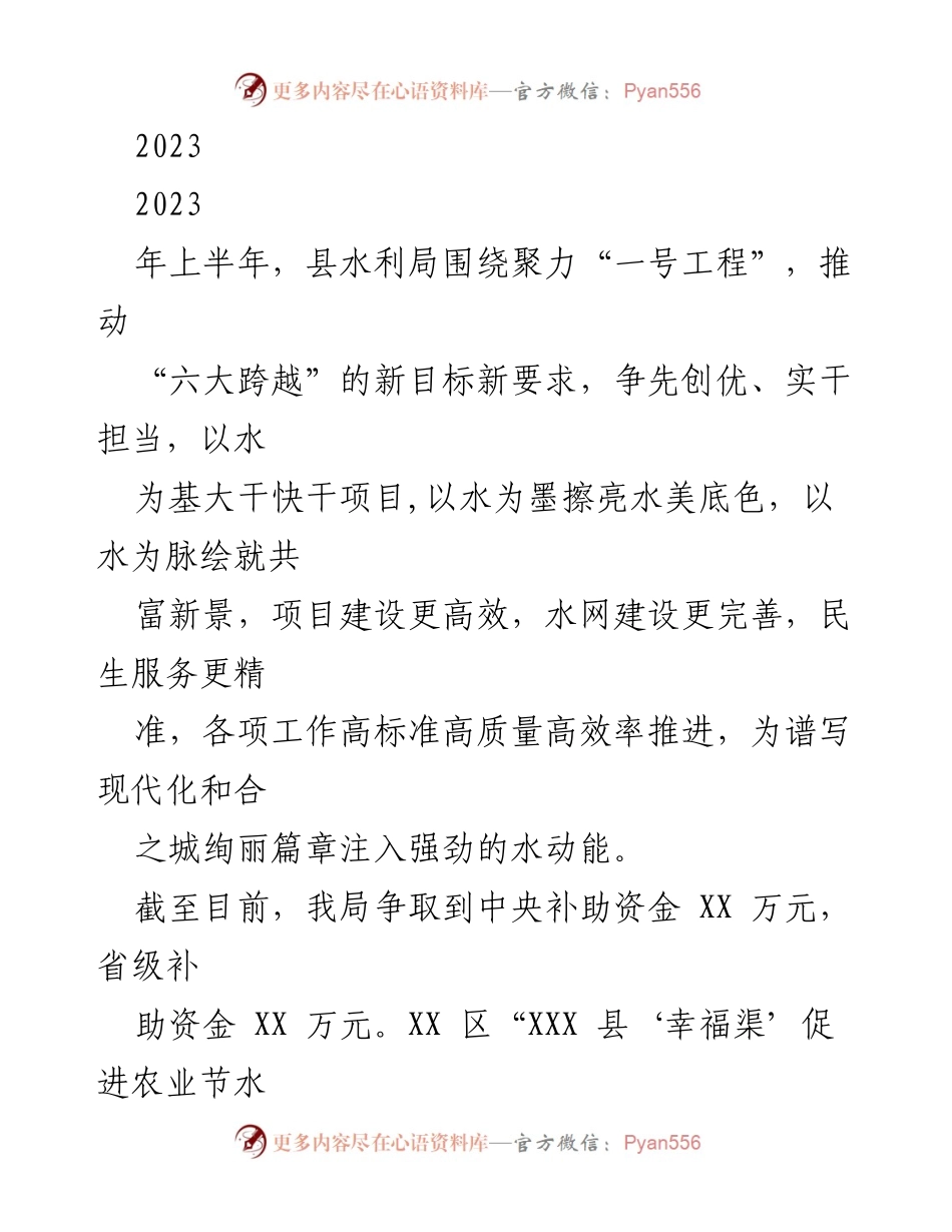 [工作总结] 水利局 - 2023年上半年水利工作推进总结与成效分析.docx_第1页