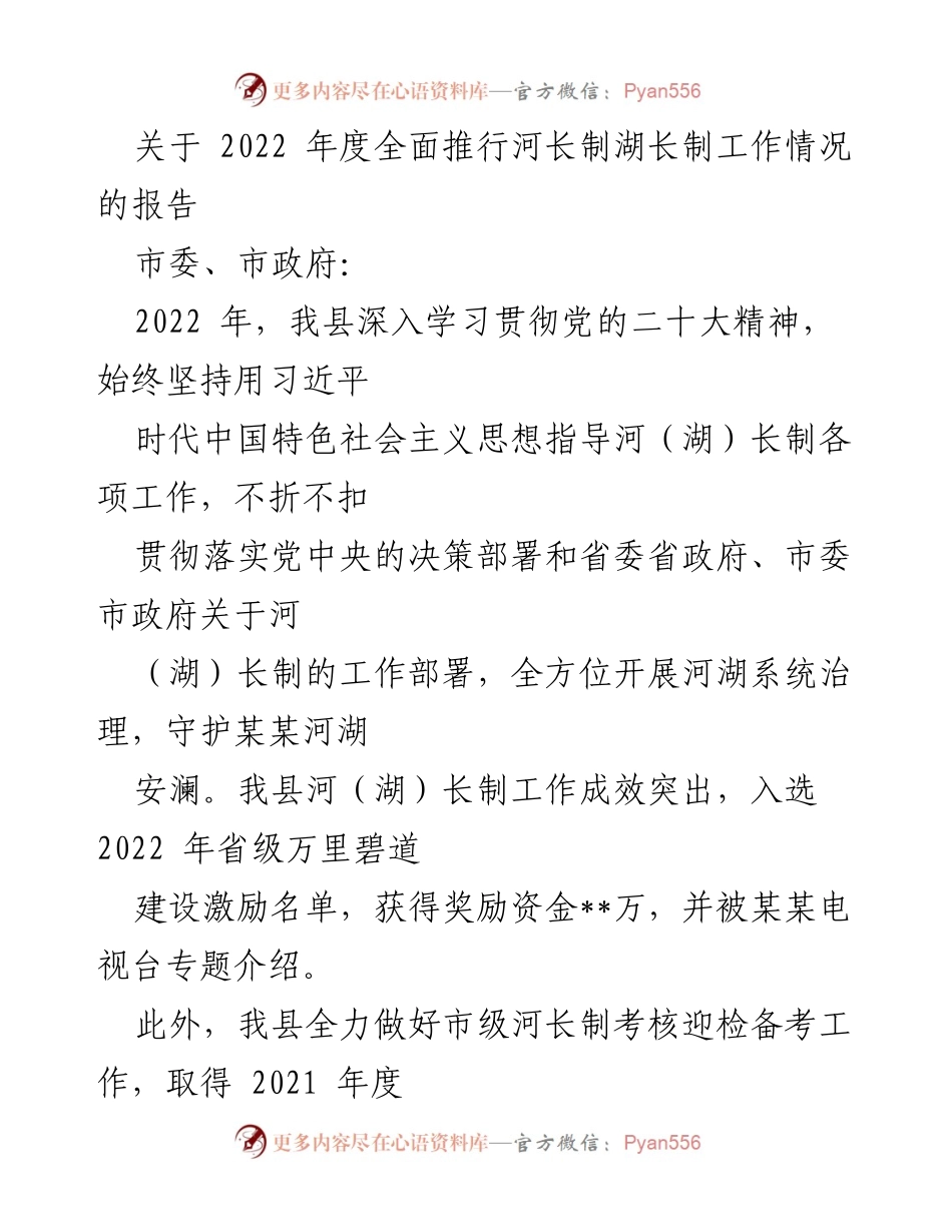 [工作总结] 河长制工作情况 - 2022年度河长制湖长制工作总结报告.docx_第1页