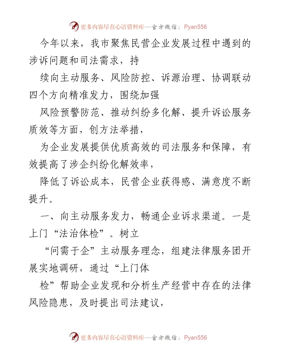 [工作总结] 民营企业司法服务 - 提升民营企业司法服务效率与风险防控措施总结.docx_第1页