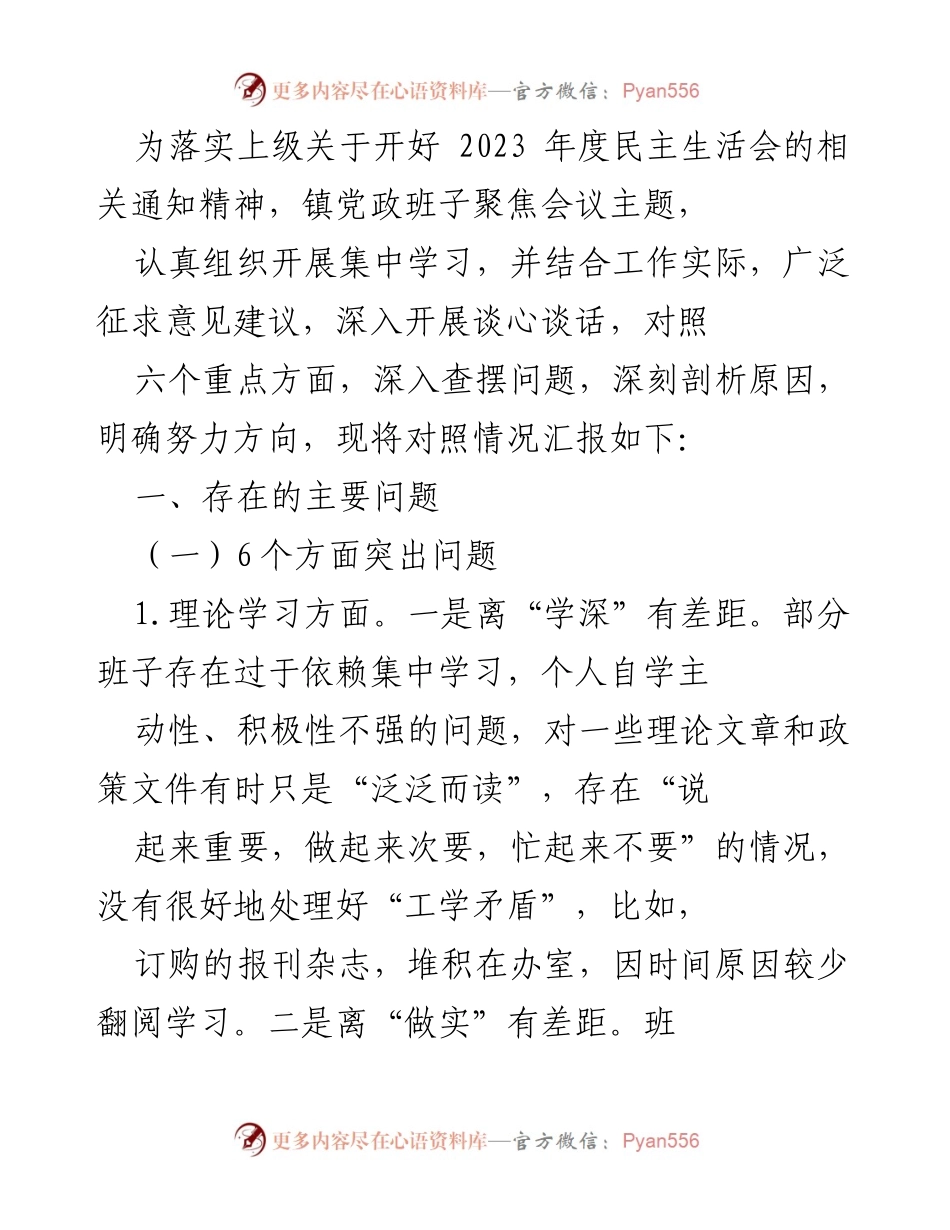 [工作总结] 民主生活会 - 2023年度民主生活会问题查摆与整改汇报.docx_第1页