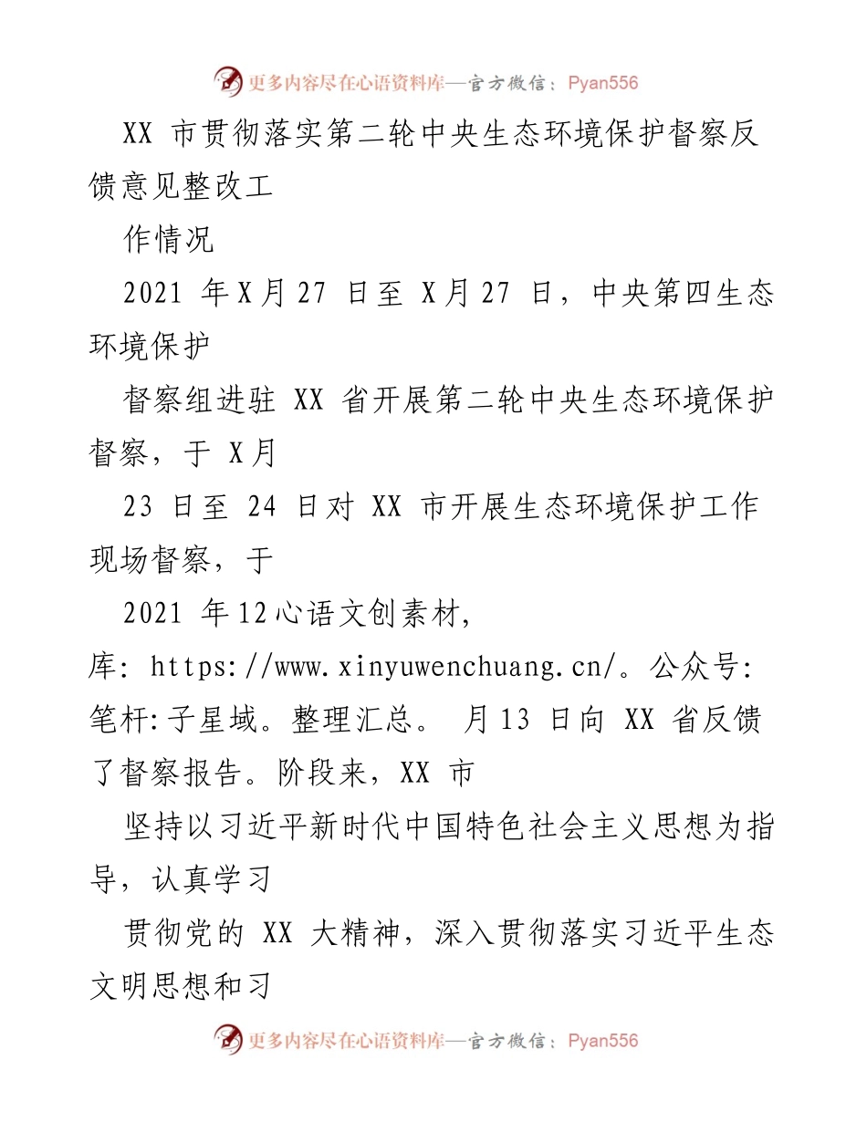 [工作总结] 生态环境保护督察整改 - XX市生态环境保护督察整改工作总结报告.docx_第1页