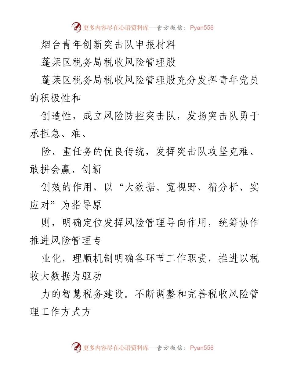 [工作总结] 税务管理 - 蓬莱区税务局青年党员风险防控突击队工作总结.docx_第1页