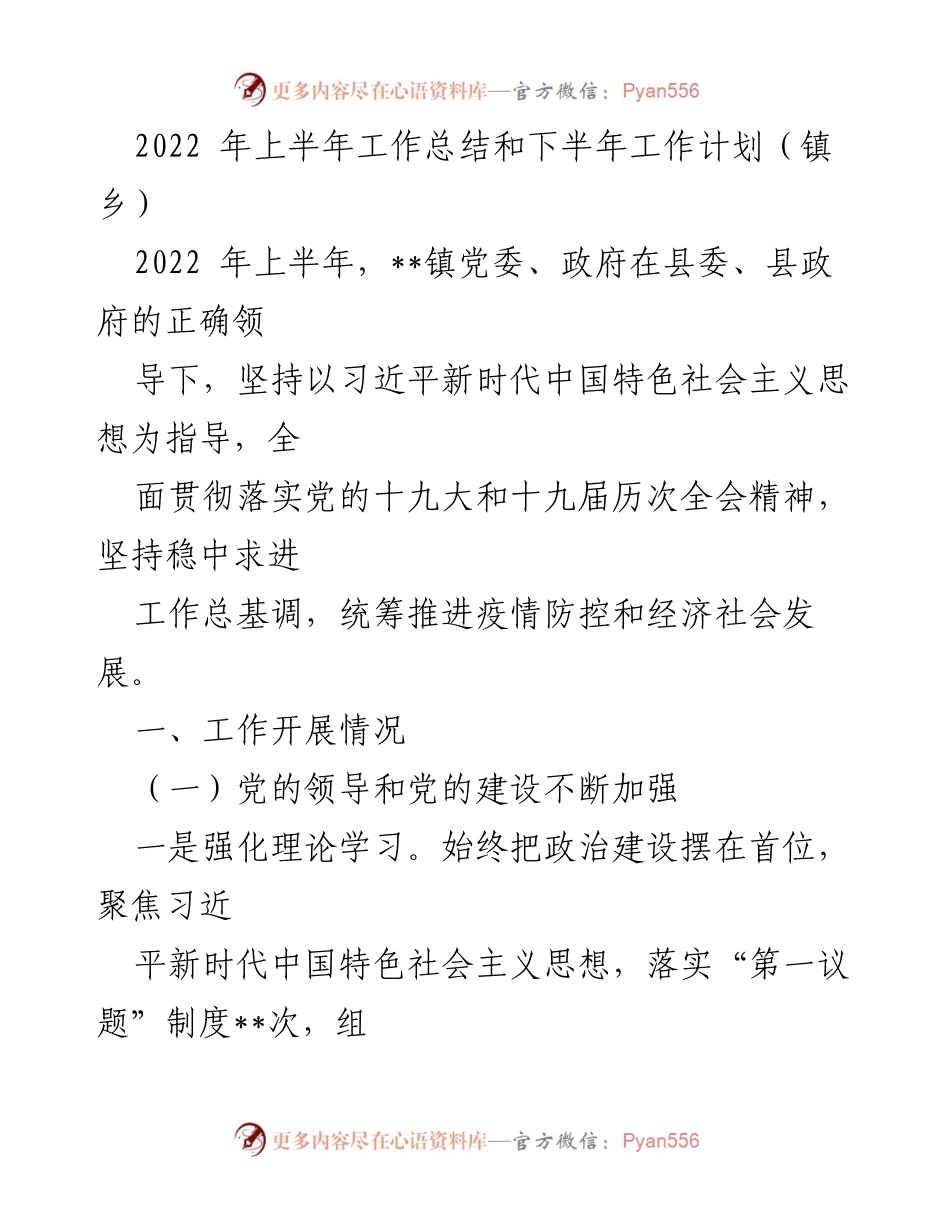 [工作总结] 镇乡 - 2022年上半年工作总结与下半年工作计划_4.docx_第1页
