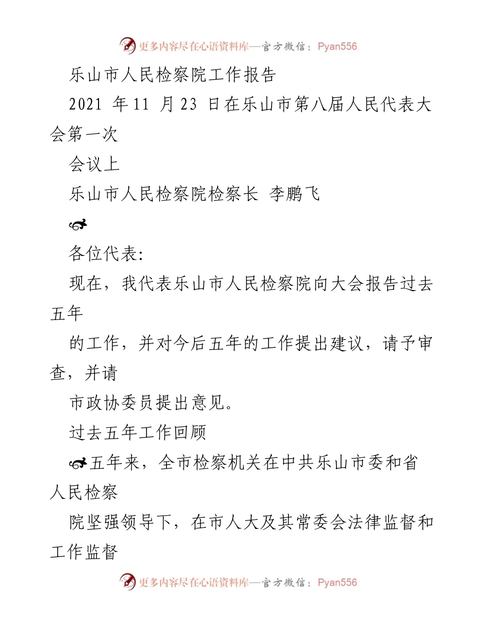 [工作报告] 会议 - 乐山市人民检察院五年工作总结与未来展望.docx_第1页
