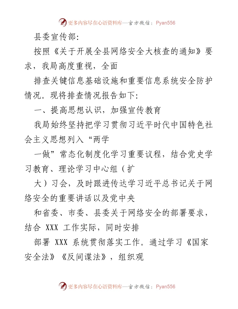 [工作总结] 网络安全大核查 - 全县网络安全大核查排查情况报告.docx_第1页