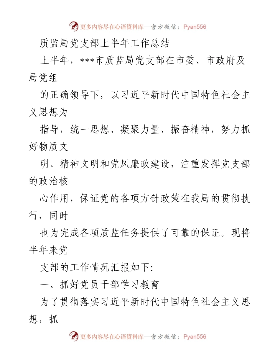 [工作总结] 质监局党支部 - 上半年党支部工作总结与学习成效分析.docx_第1页
