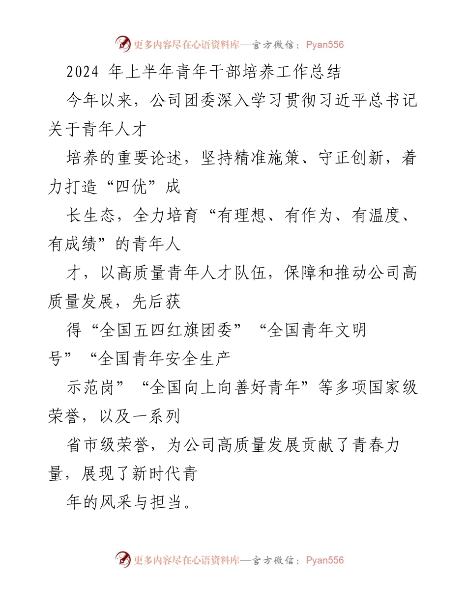 [工作总结] 青年干部培养 - 2024年上半年青年干部培养工作总结与成就.docx_第1页